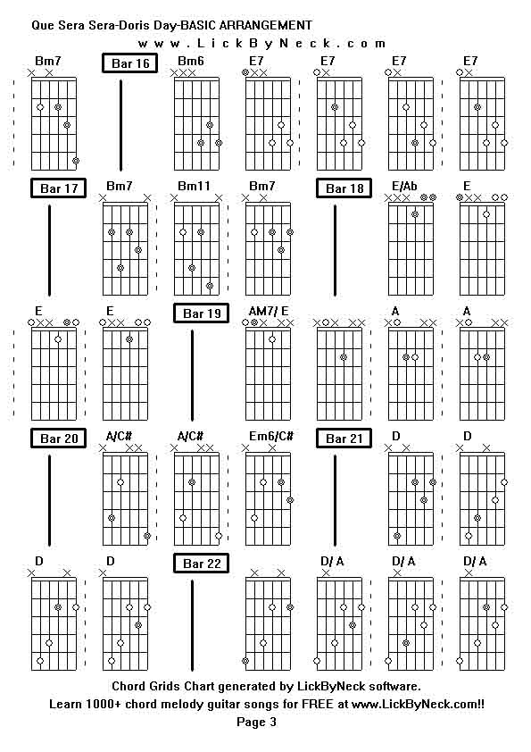 Chord Grids Chart of chord melody fingerstyle guitar song-Que Sera Sera-Doris Day-BASIC ARRANGEMENT,generated by LickByNeck software.